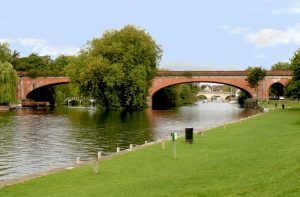 A red brick bridge with very wide, flat arches, over water. A tree grows in front of the middle pillar. There is a bridge with smaller arches in the background.