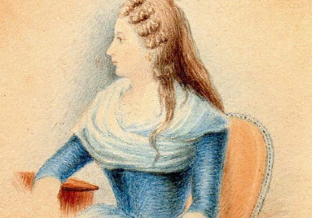 Possible picture of Sophia Brunel? Watercolour painting of a woman in a blue dress and brown hair sitting at a table. The dress has a white collar.