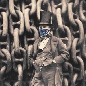 Iconic photograph of Isambard Kingdom Brunel in front of the launching chains of the Great Eastern, with added funky flower mask.