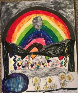A drawing of a party in the tunnel shaft, with glitterball and actual glitter.