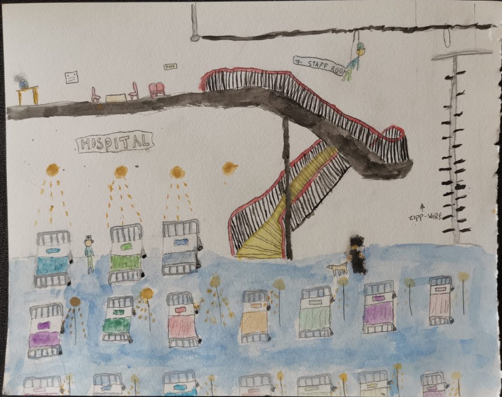 A drawing of the tunnel shaft / grand entrance hall of the Brunel Museum made up as a hospital, with a staff area, a zip wire(!) and hospital beds.