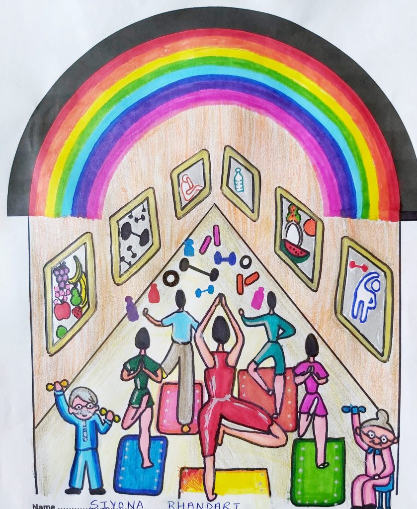 A drawing of a room roofed with a rainbow, where a variety of people are taking a fitness class. There are yoga mats on the floor and art on the walls. The participants are drawn as looking to be a variety of ages and genders.