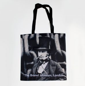 Long handled tote bag with picture of IKB and text The Brunel Museum, London.