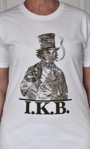 White t-shirt with a sketch-style drawing of Isambard Kingdom Brunel, above the block letters I.K.B.