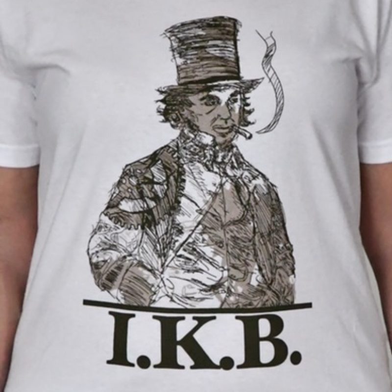 White t-shirt with a sketch-style drawing of Isambard Kingdom Brunel, above the block letters I.K.B.
