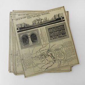 Reproduction flyer for Thames Tunnel tours during construction, with map of location and illustrations of the work going on.