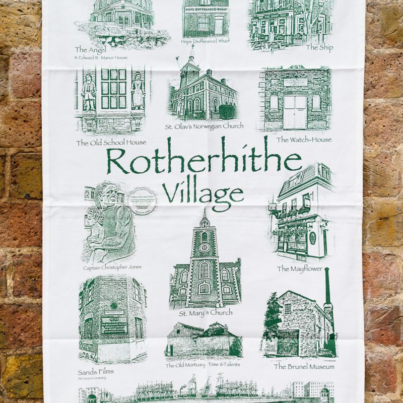 Tea Towel decorated with a selection of historic Rotherhithe buildings, green on white, including the Thames Tunnel at the bottom.