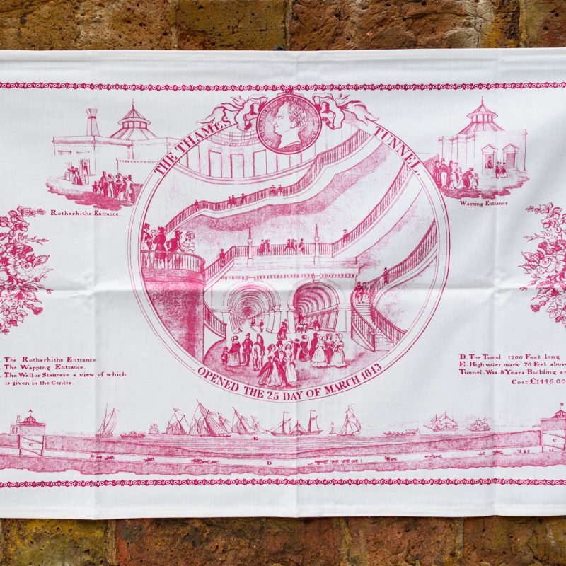 Tea Towel, red on white, image of the opening of the grand entrance of the Thames Tunnel