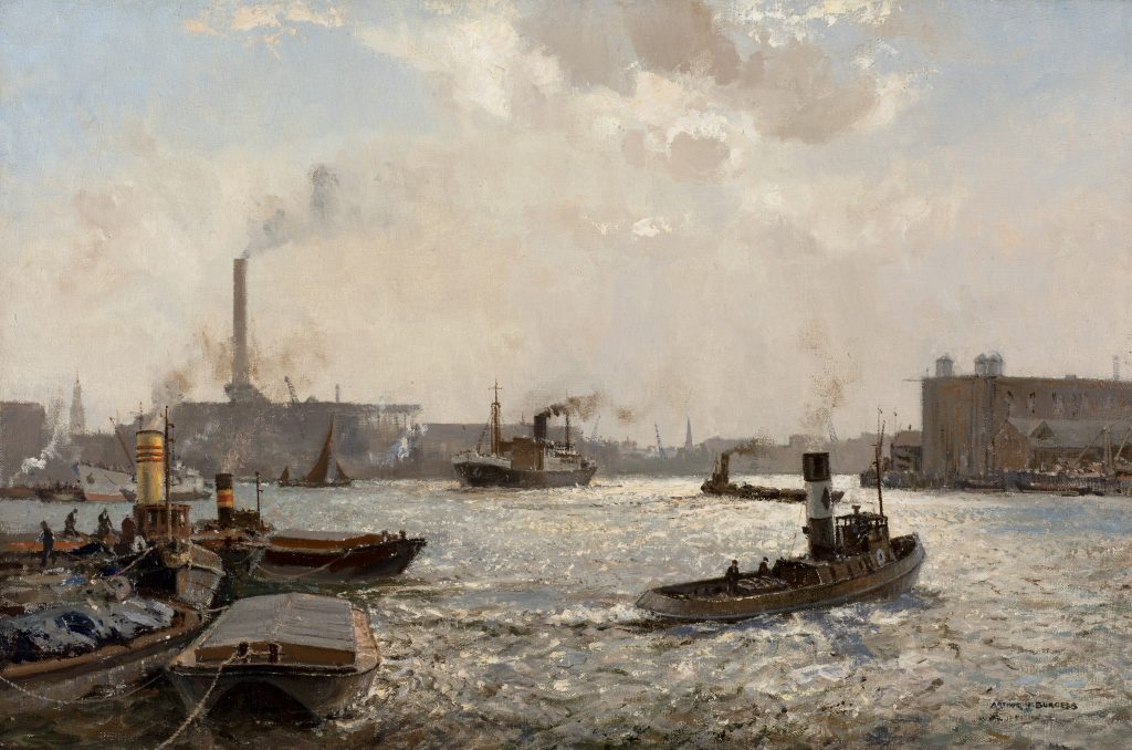 Lower Thames and Limehouse Reach (1940) by Arthur Burgess (1879–1957). Bank of England Museum