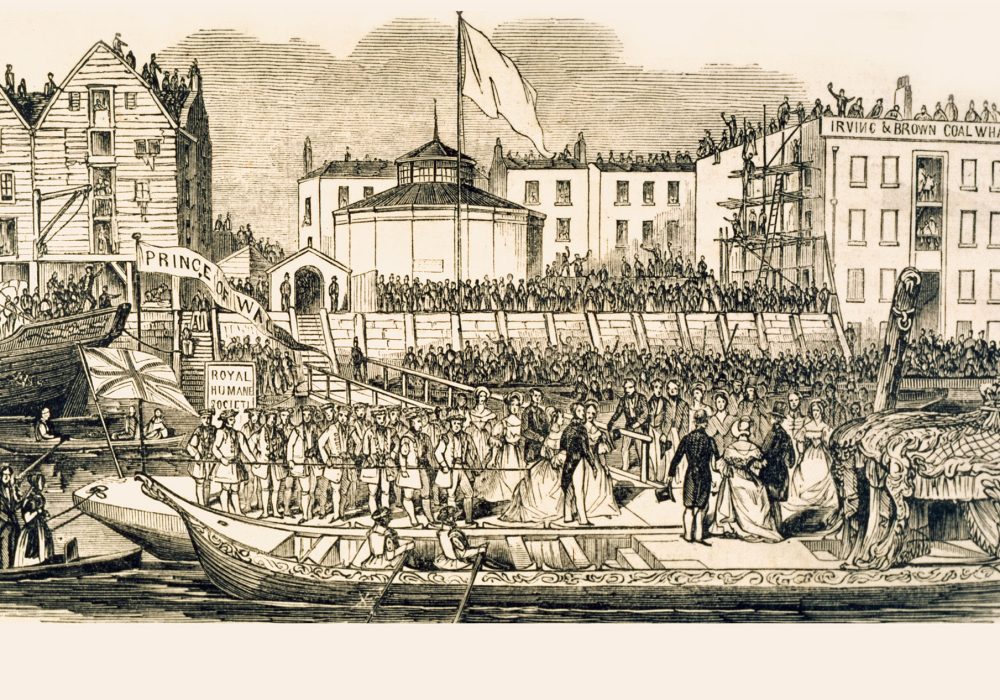 Woodcut image of Queen Victoria and Prince Albert arriving by boat to the Thames Tunnel