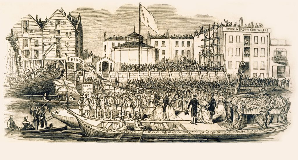 Woodcut image of Queen Victoria and Prince Albert arriving by boat to the Thames Tunnel