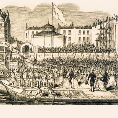 Woodcut image of Queen Victoria and Prince Albert arriving by boat to the Thames Tunnel