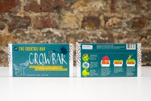Front and back side of the Cocktail Bar Growbar packaging.