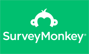 Logo for 'Survey Monkey'. A white outline of a monkey's head is above white text of the name, both against a green background.