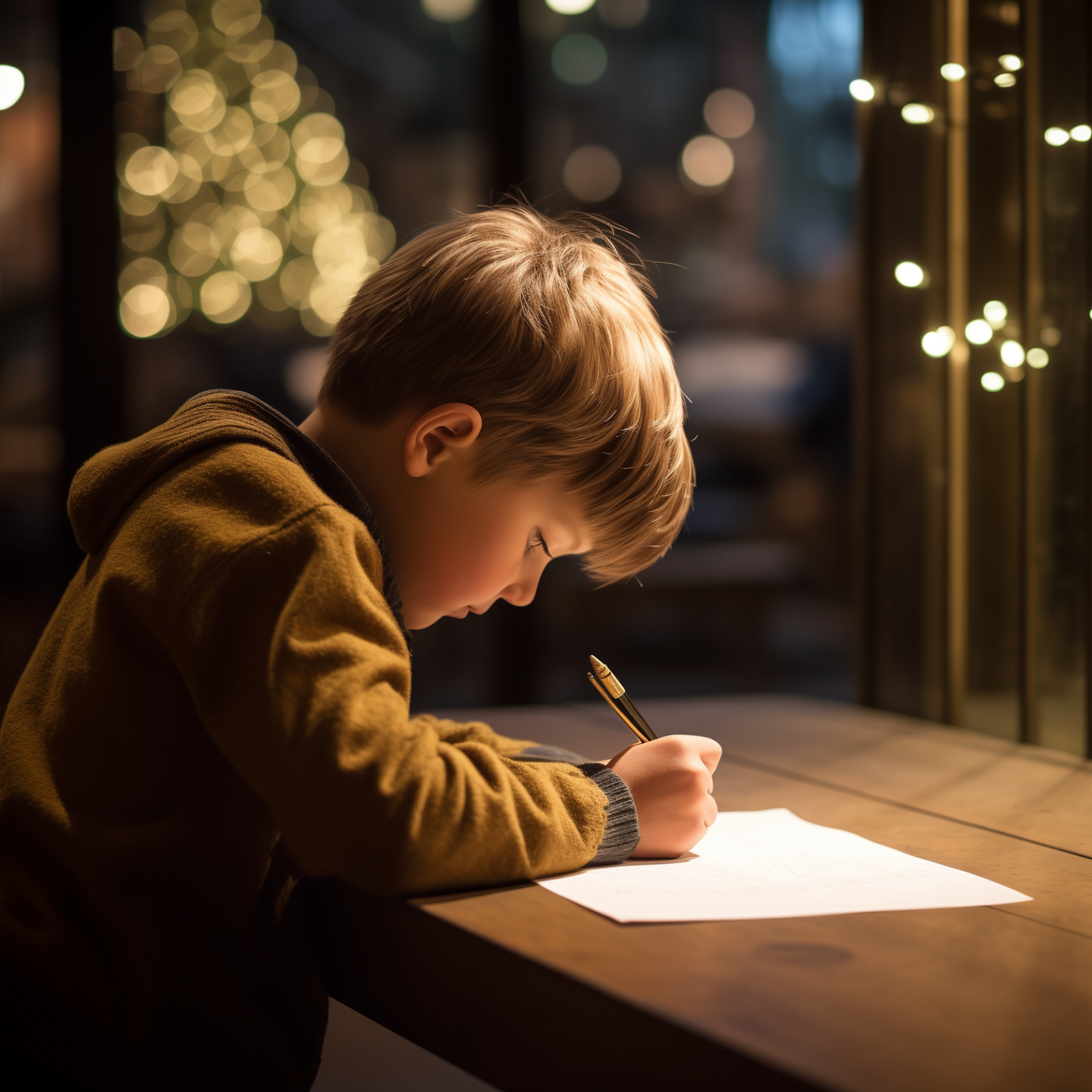 A young boy writes a letter at a desk