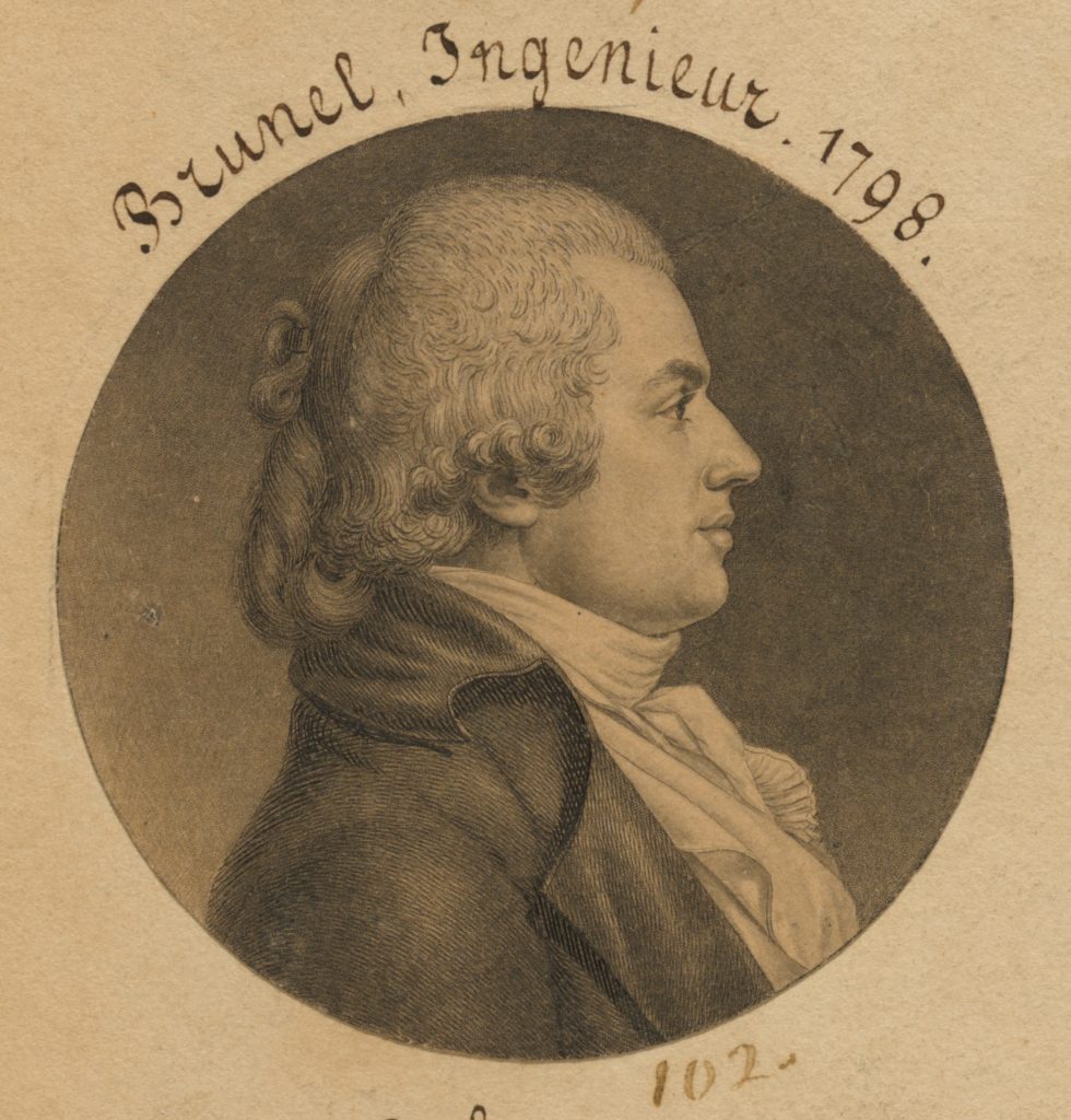 An engraving of Marc Isambard Brunel, in profile, in 18th century dress, with the caption 'Brunel, Ingénieur 1798'