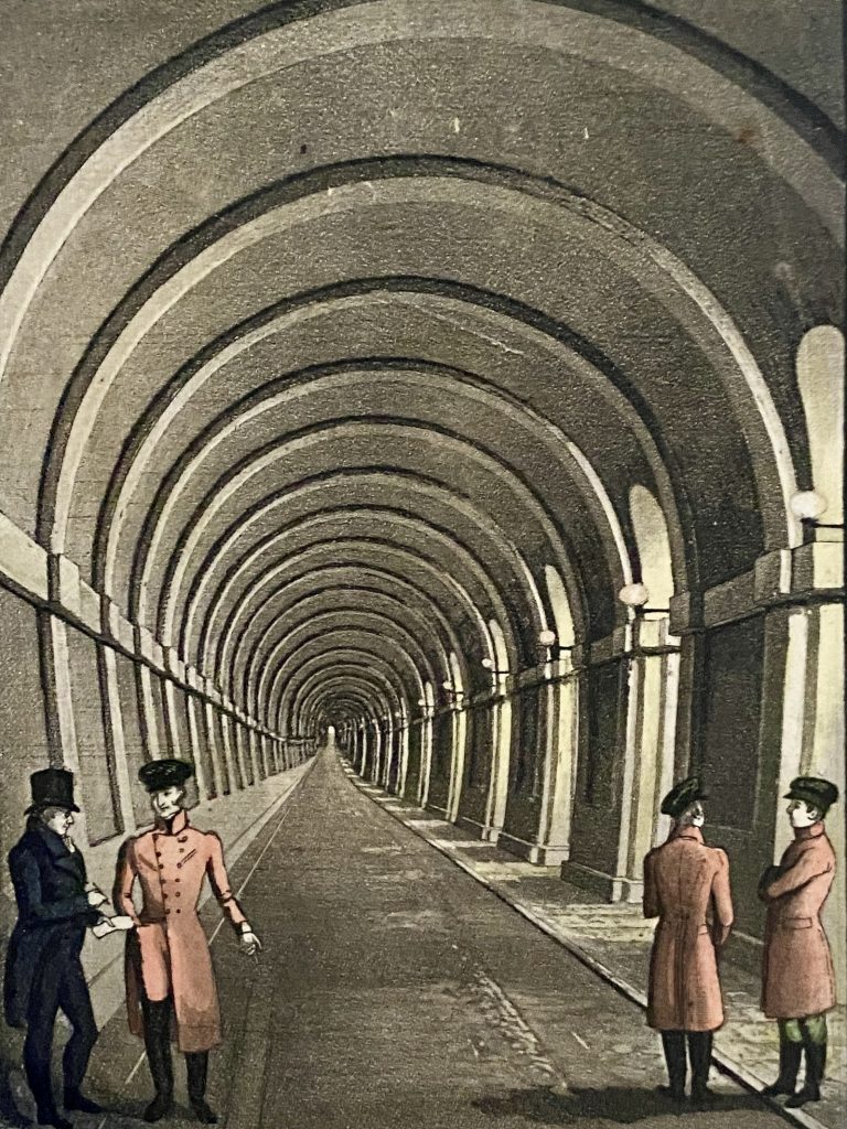 'A View of the Western Archway of the Thames Tunnel'. Robert Cruikshank and M. Dixie, c. 1828. Brunel Museum, London, LDBRU:2024.10 (detail). 